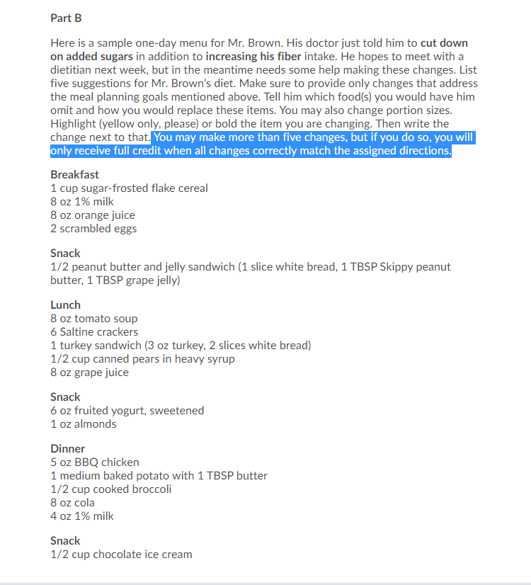 Solved Part B Here is a sample one-day menu for Mr. Brown. | Chegg.com