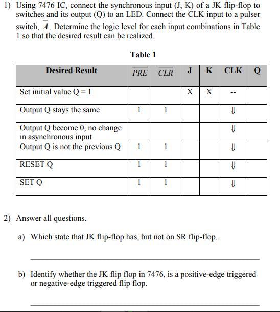 Solved 1) Using 7476 IC, connect the synchronous input (J, | Chegg.com