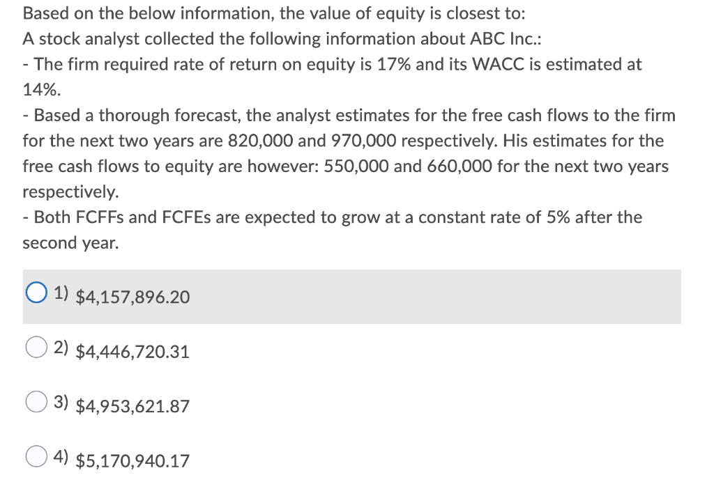 Solved Based On The Below Information, The Value Of Equity | Chegg.com