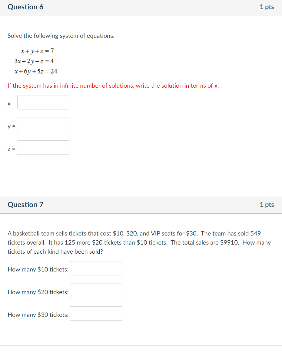 Solved Question 6 1 pts Solve the following system of | Chegg.com