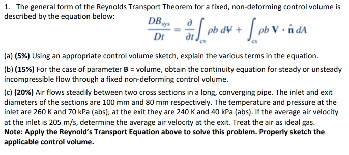 Solved 1. The General Form Of The Reynolds Transport Theorem | Chegg.com