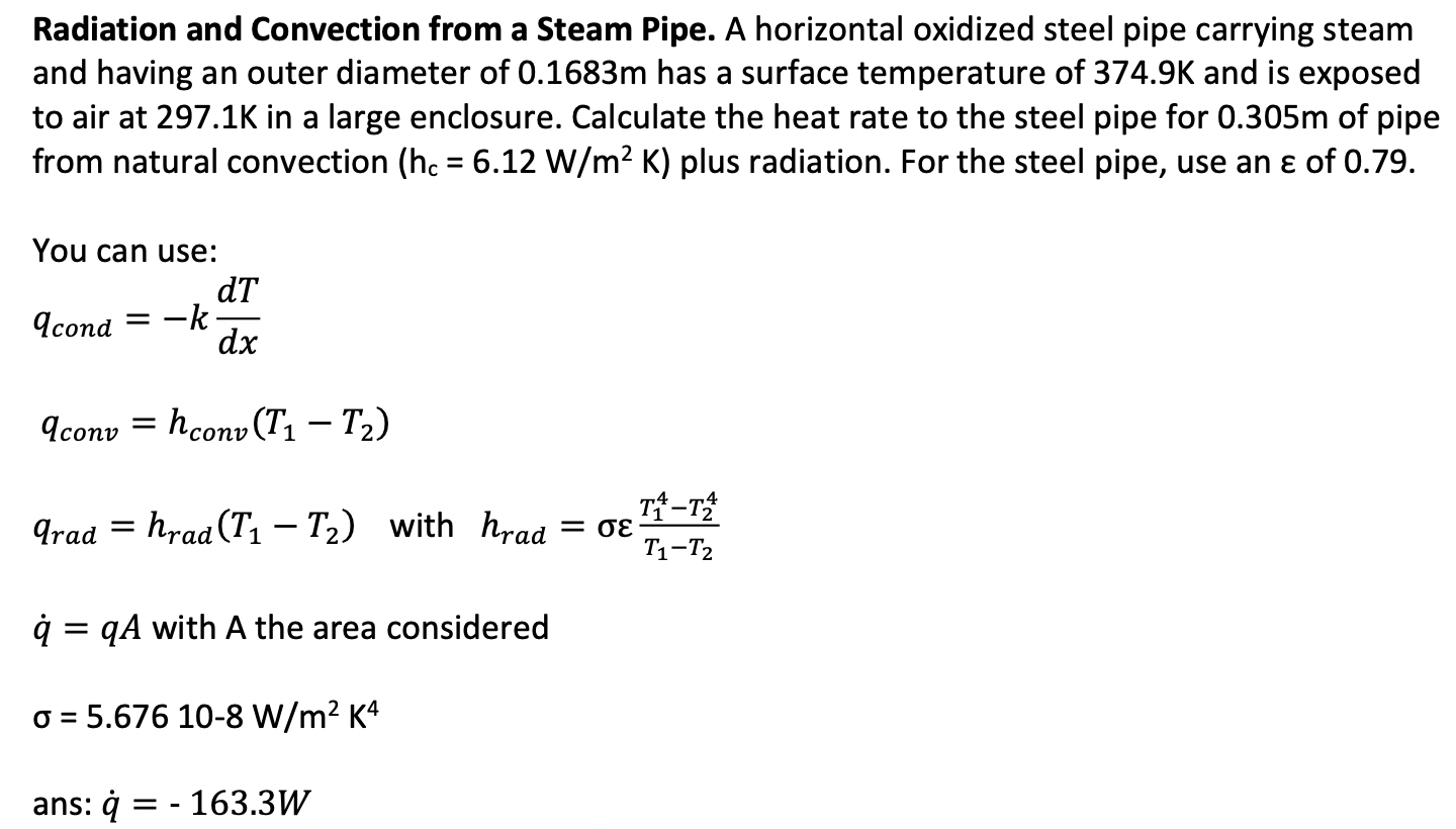 Solved Radiation and Convection from a Steam Pipe. A