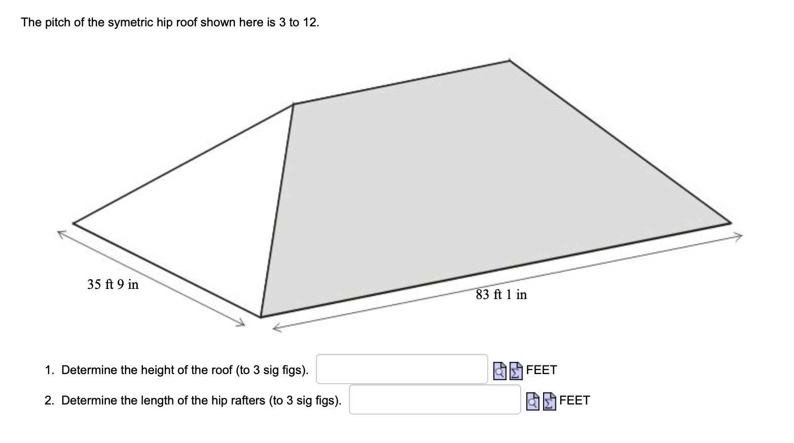 Solved The pitch of the symetric hip roof shown here is 3 to | Chegg ...