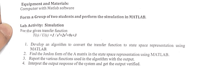 Solved Equipment and Materials Computer with Matlab software | Chegg.com