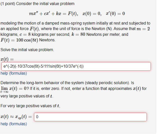 Solved Consider The Initial Value Problem Mx′′ Cx′ Kx F T