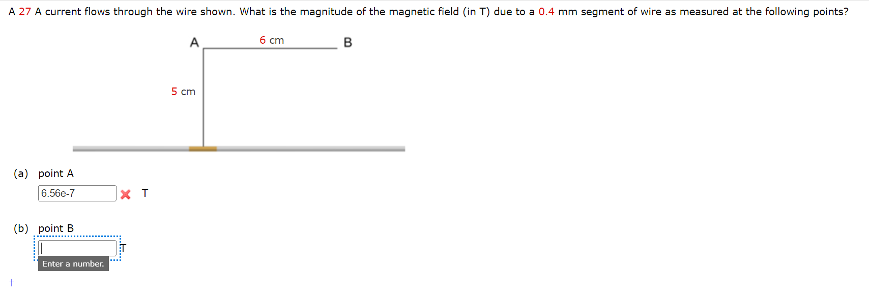 Solved A 27 A current flows through the wire shown. What is | Chegg.com