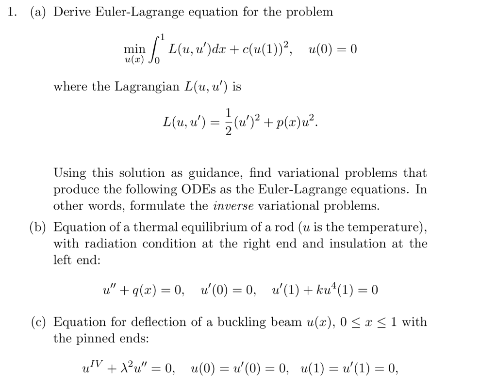1 A Derive Euler Lagrange Equation For The Prob Chegg Com