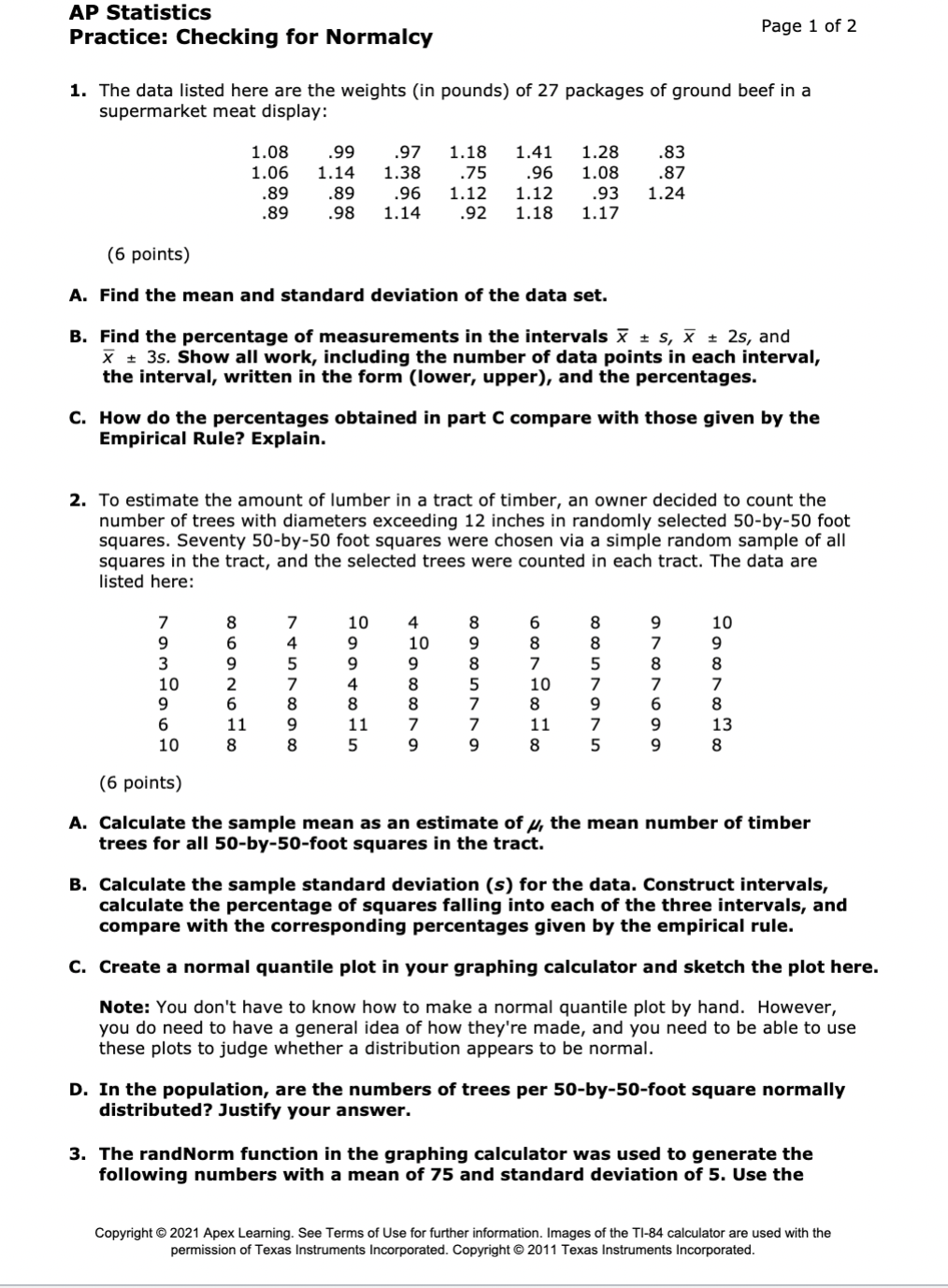 Solved AP Statistics Practice: Checking for Normalcy Page 1 | Chegg.com