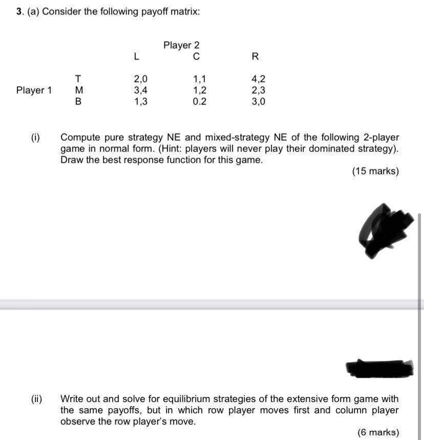 Solved 3. (a) Consider the following payoff matrix: Player 2 | Chegg.com