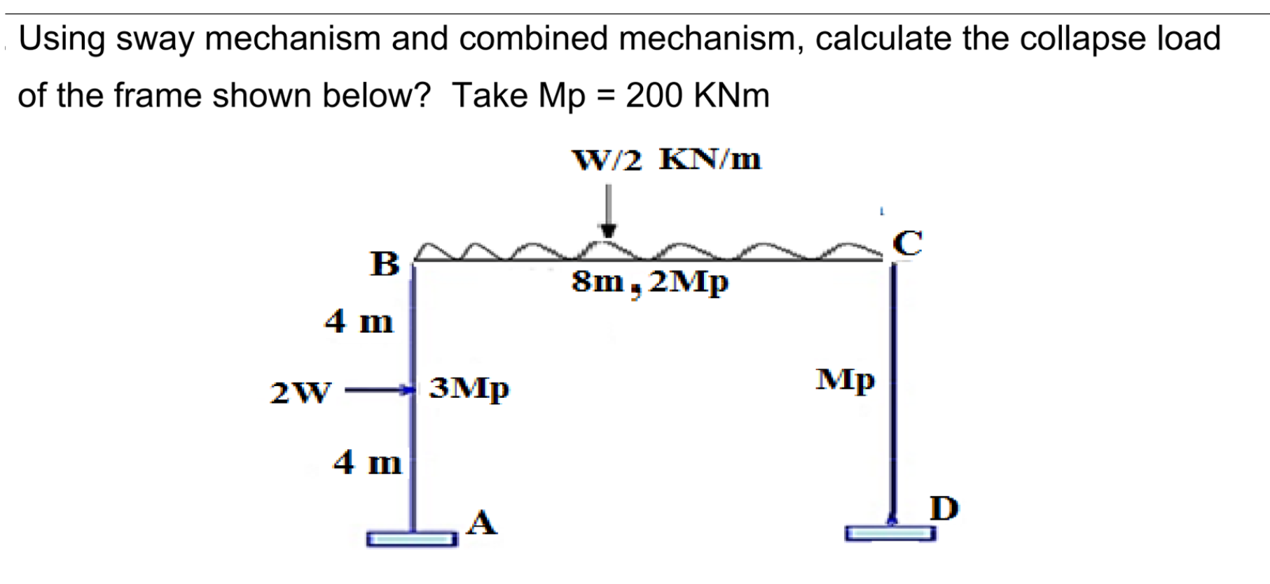 Using sway mechanism and combined mechanism, calculate the collapse load of the frame shown below? Take Mp \( =200 \mathrm{KN