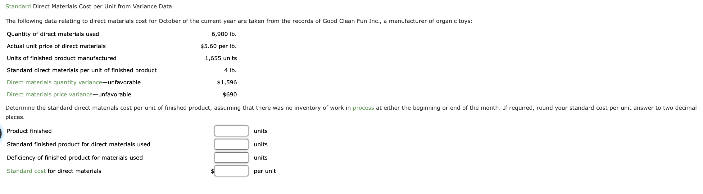 Solved Standard Direct Materials Cost per Unit from Variance | Chegg.com