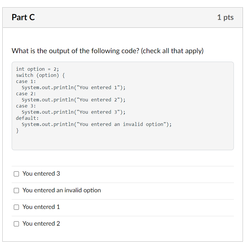 Solved Part C 1 pts What is the output of the following | Chegg.com
