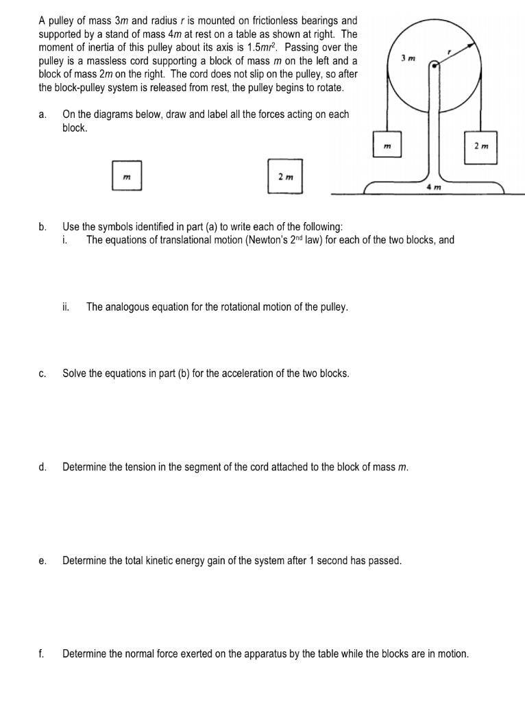 Solved A pulley of mass 3m and radius r is mounted on | Chegg.com