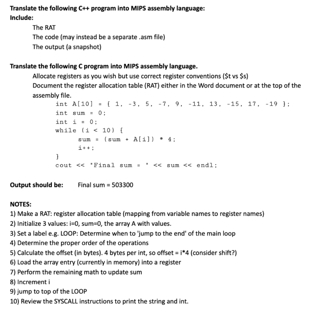 Solved Translate The Following C Program Into Mips