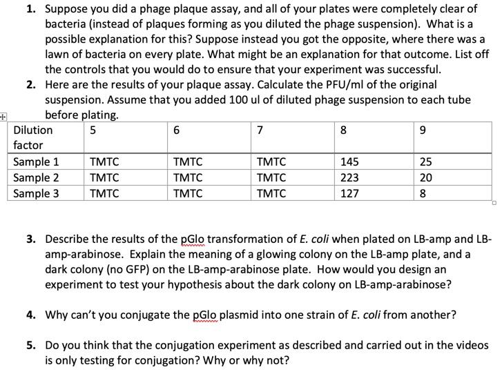 Solved 1. Suppose You Did A Phage Plaque Assay, And All Of | Chegg.com ...