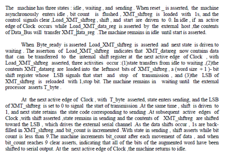 The machine has three states : idle, waiting, and sending. When reset is asserted, the machine asynchronously enters idle, bi