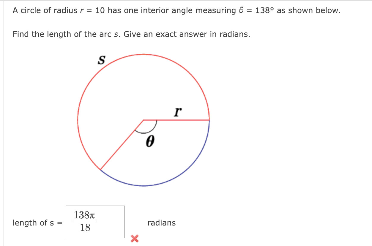 Solved A circle of radius r=10 has one interior angle | Chegg.com