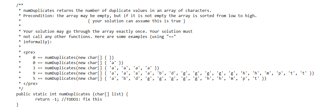 Solved Numduplicates Returns Number Duplicate Values Array Characters Precondition Array May Emp Q