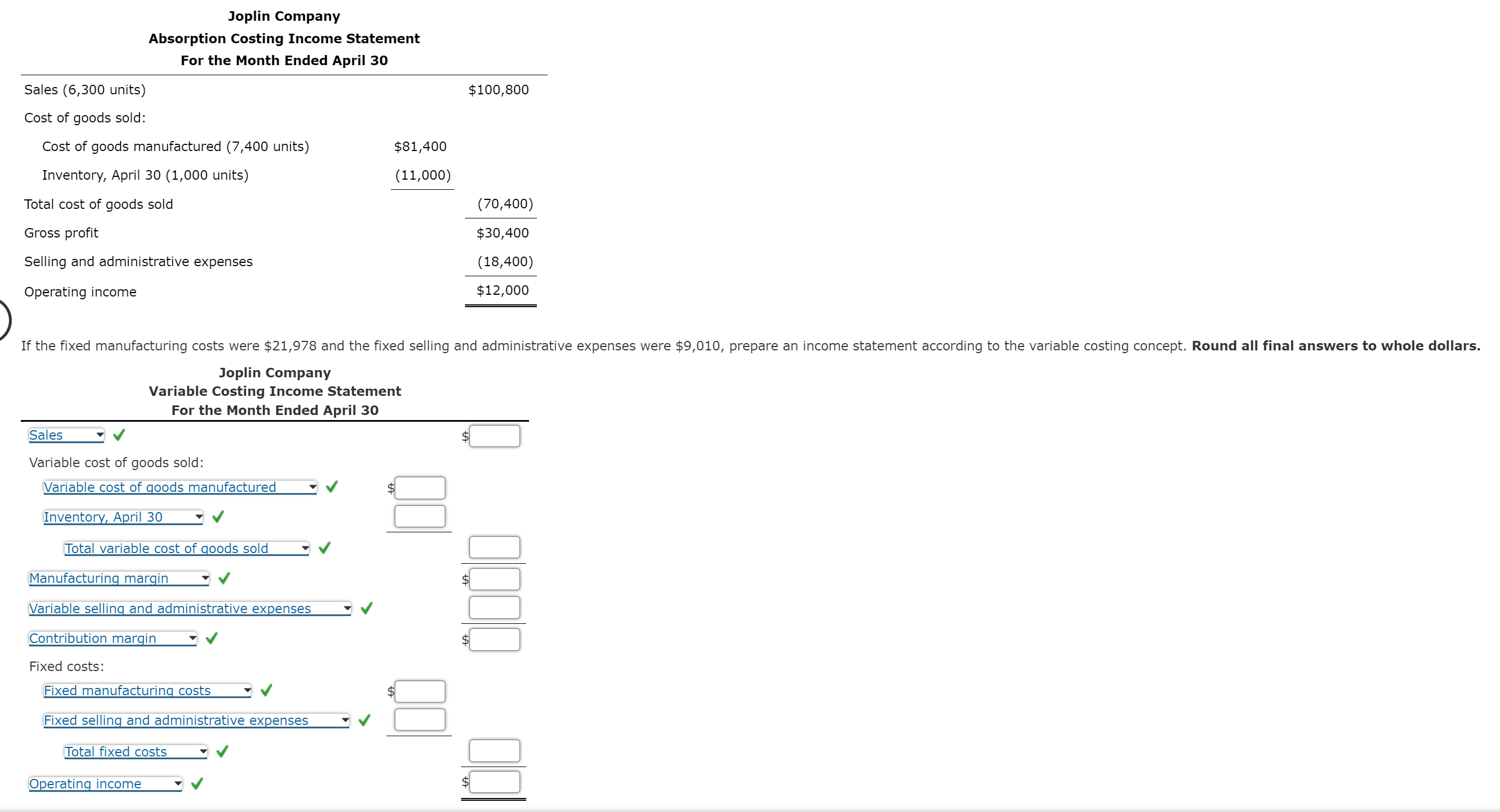 Solved Joplin CompanyAbsorption Costing Income StatementFor | Chegg.com