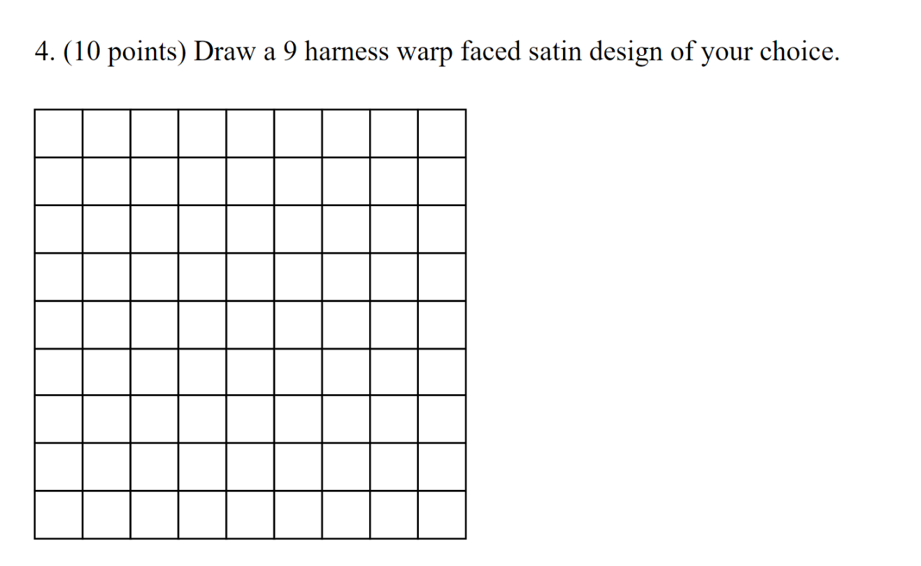 Solved 4. (10 points) Draw a 9 harness warp faced satin | Chegg.com