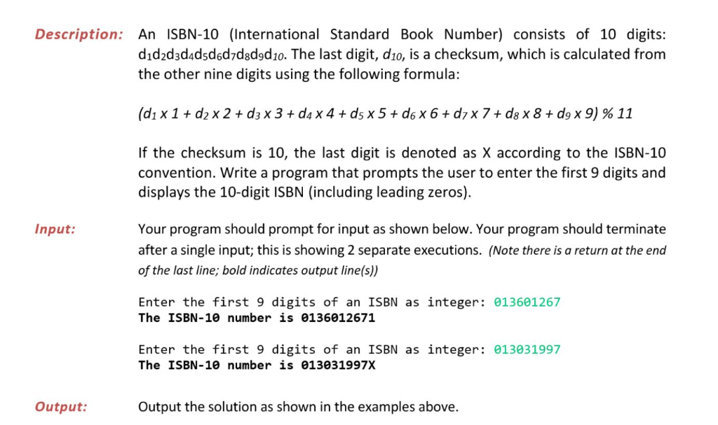 Solved Description: An ISBN-10 (International Standard Book 