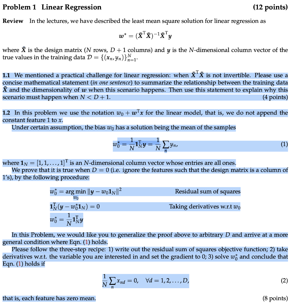 Problem 1 Linear Regression 12 Points Review In Chegg Com