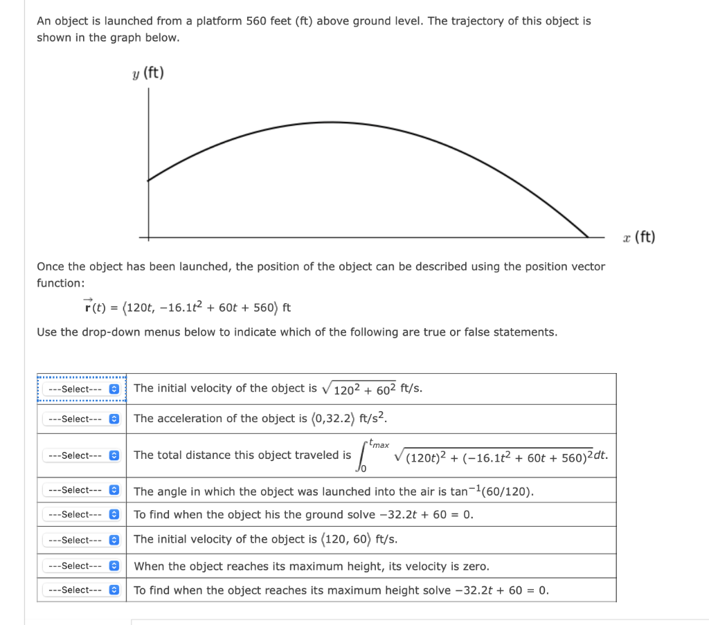 Solved An object is launched from a platform 560 feet (ft) | Chegg.com