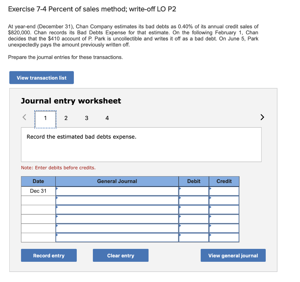 Solved Exercise 7 4 Percent Of Sales Method Write off LO P2 Chegg