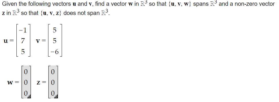 Solved Given The Following Vectors U And V, Find A Vector W | Chegg.com