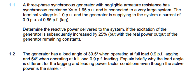 Solved .1 A three-phase synchronous generator with | Chegg.com