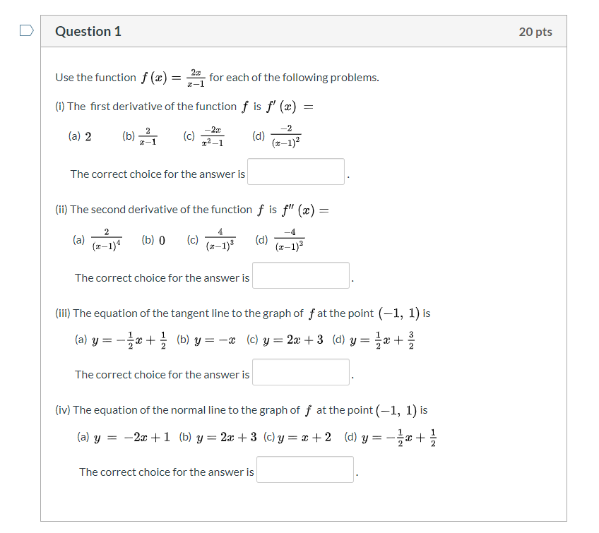 Solved Question 1 20 pts Use the function f(x) = 4 for each | Chegg.com