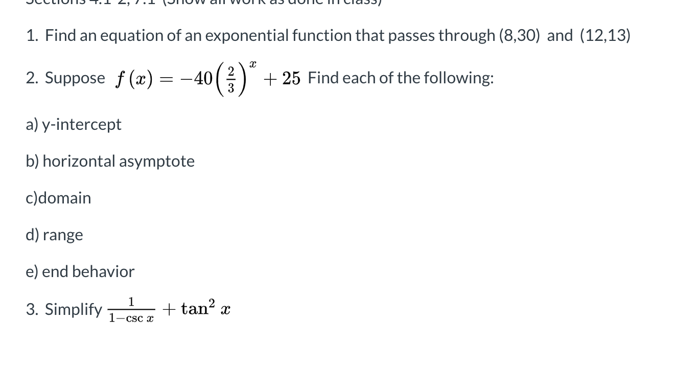 Solved 1. Find an equation of an exponential function that | Chegg.com