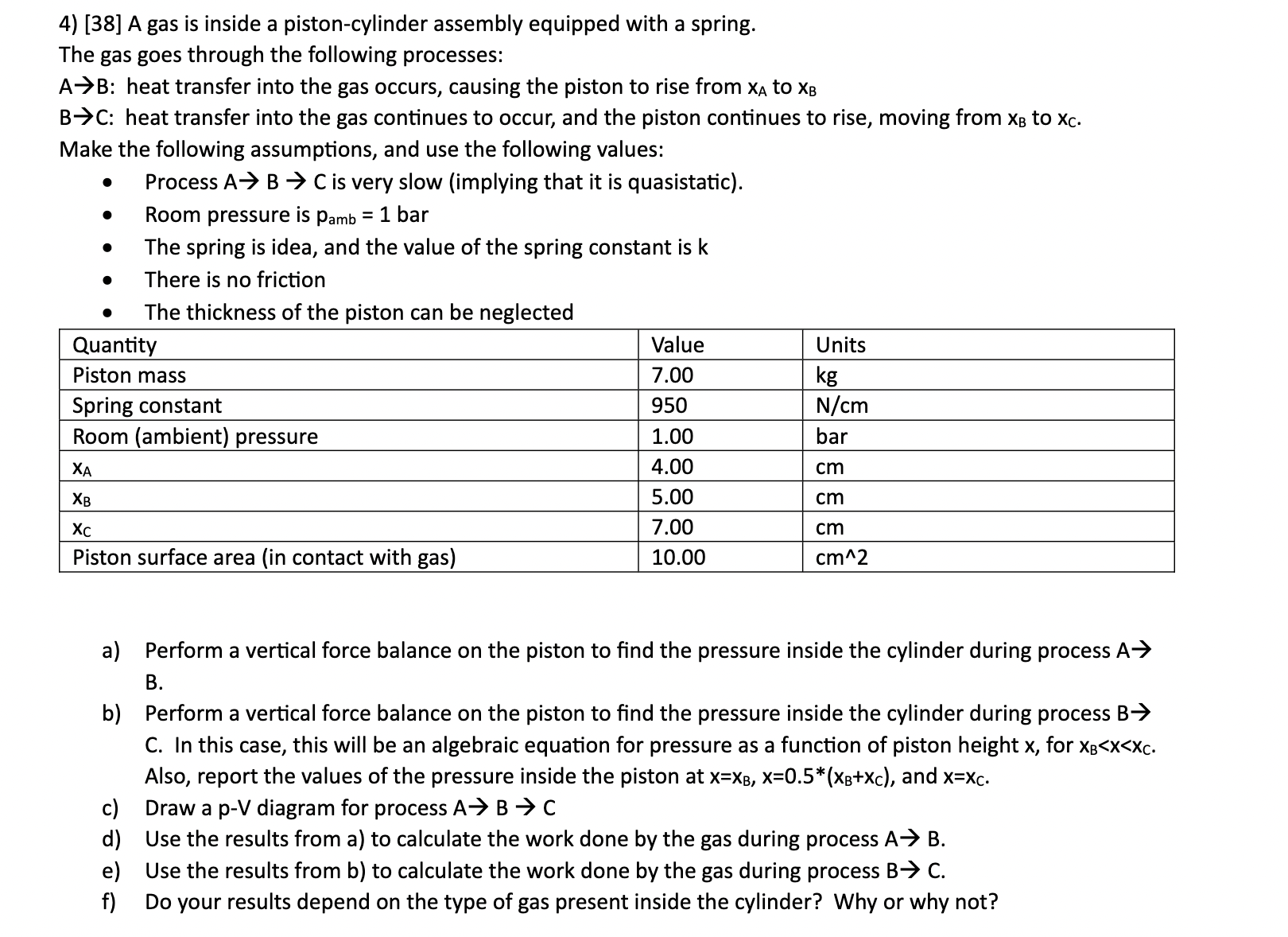 Solved 4) [38] A gas is inside a piston-cylinder assembly | Chegg.com