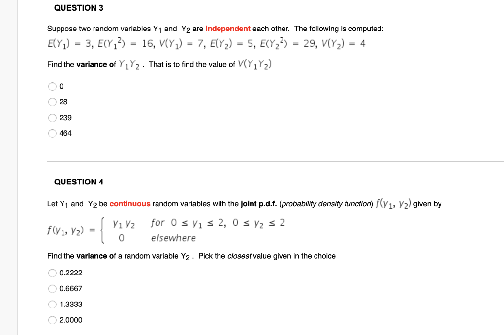Solved QUESTION 3 Suppose two random variables Y1 and Y2 are | Chegg.com