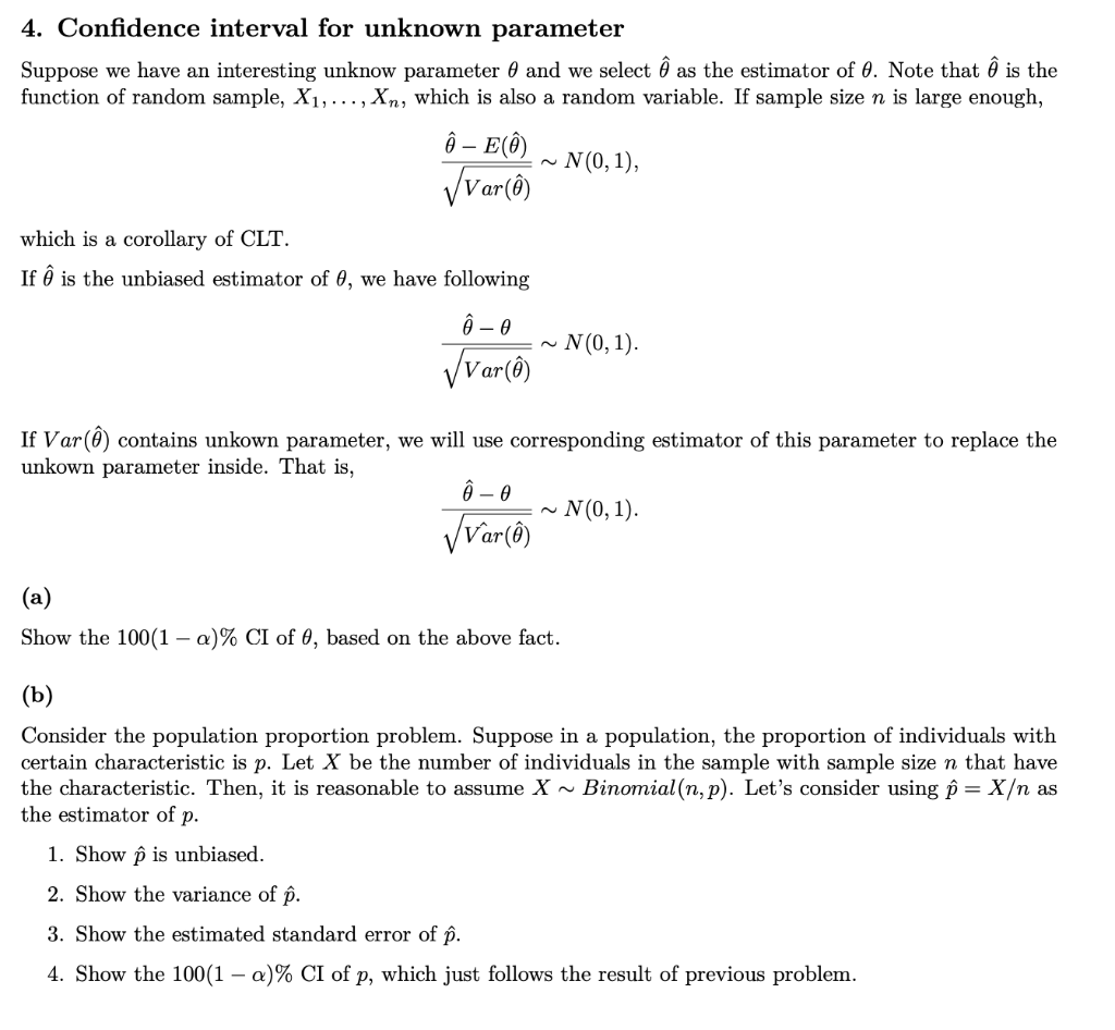 Solved , 4. Confidence Interval For Unknown Parameter 