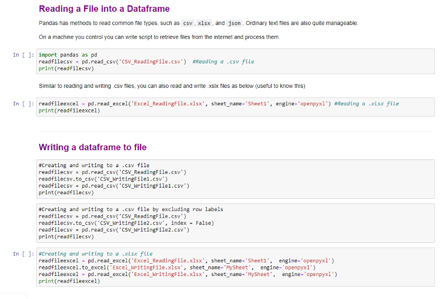 Reading a File into a Dataframe Pandas has methods to | Chegg.com