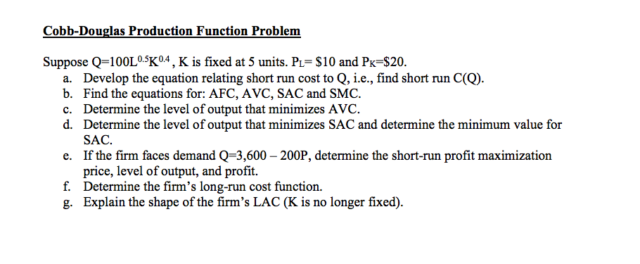 Solved Cobb-Douglas Production Function Problem Suppose | Chegg.com