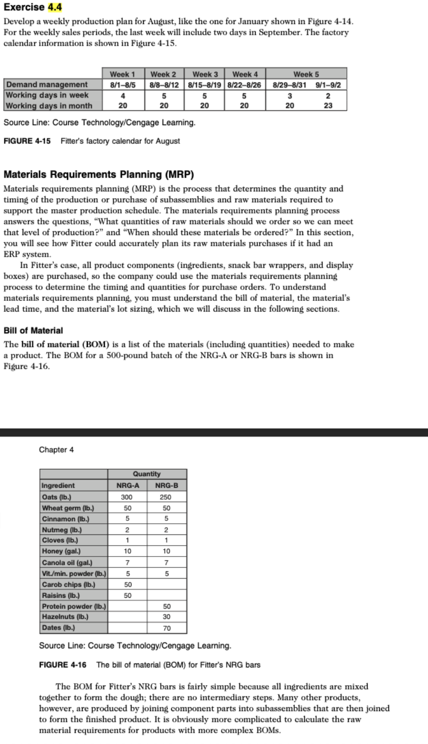 Solved Exercise 4.4 Develop a weekly production plan for | Chegg.com