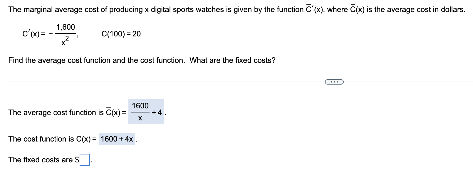 Solved Cˉ′(x)=−x21,600,Cˉ(100)=20 Find the average cost | Chegg.com