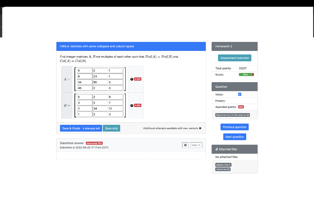 Solved HW5.4. Matrices With Same Nullspace And Column | Chegg.com