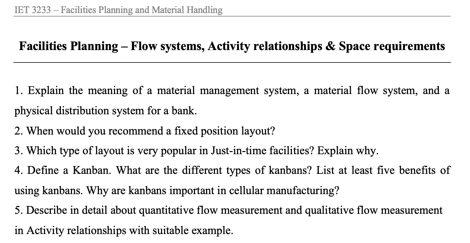 Solved IET 3233 – Facilities Planning and Material Handling | Chegg.com
