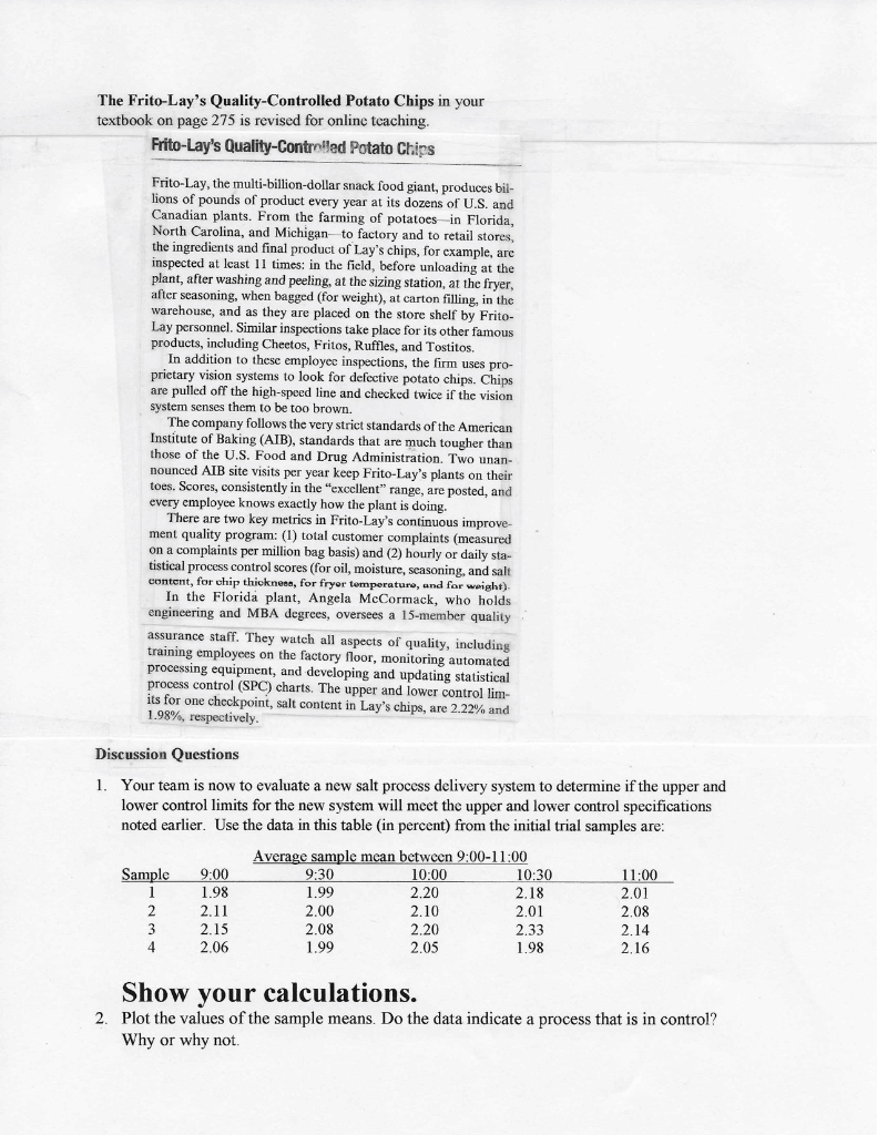 Solved The Frito-Lay's Quality Controlled Potato Chips in | Chegg.com