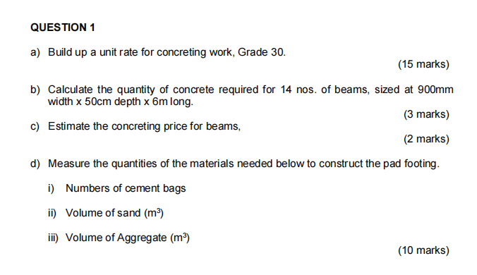 QUESTION 1 a) Build up a unit rate for concreting | Chegg.com