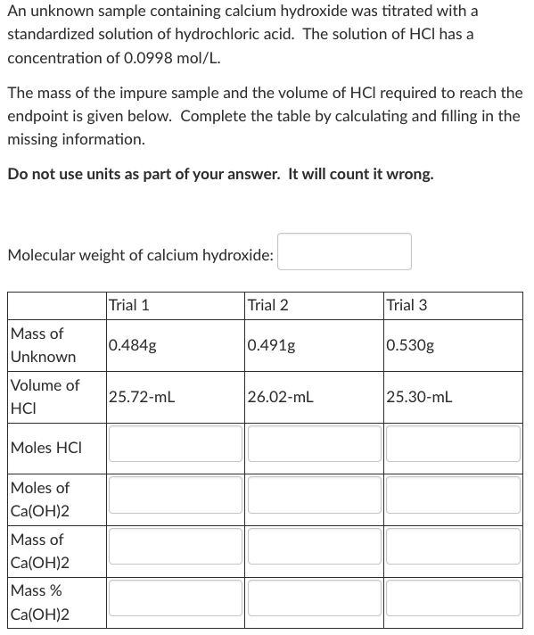 Solved An Unknown Sample Containing Calcium Hydroxide Was | Chegg.com