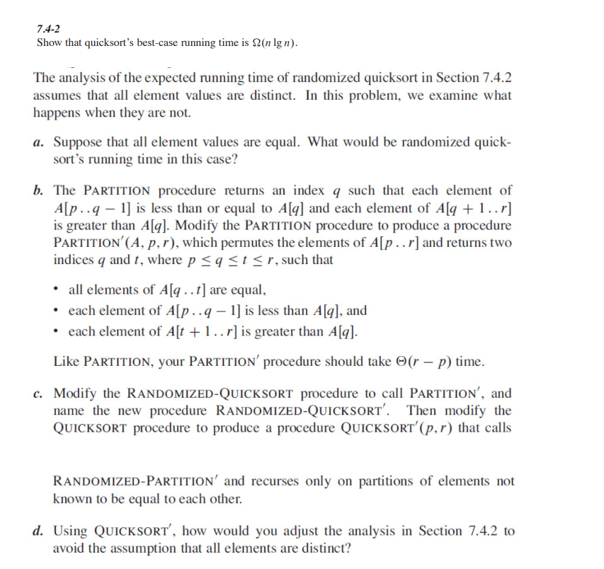 Solved 7.4-2Show that quicksort's best-case running time is | Chegg.com