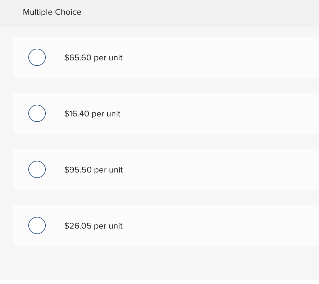 Multiple choice $65.60 per unit $16.40 per unit $95.50 per unit $26.05 per unit