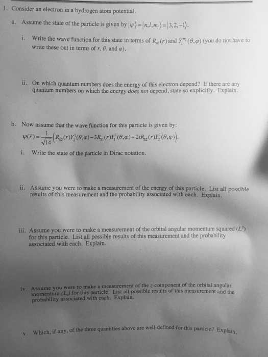 Solved 1. Consider an electron in a hydrogen atom potential. | Chegg.com