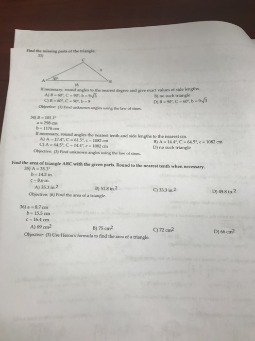 Solved Find the missing parts of the triangle 功 18 If | Chegg.com