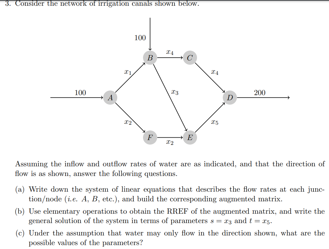 3. Consider the network of irrigation canals shown below.
Assuming the inflow and outflow rates of water are as indicated, an