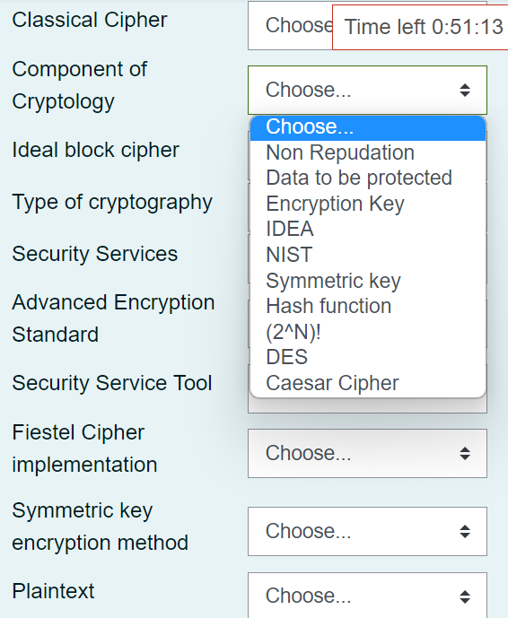 Solved Classical Cipher Choose Time left 0:51:13 Component | Chegg.com